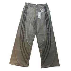 Guapi Wide Leg Pants Black Mens‎ 32 Coated Beaded Fringe Streetwear Grunge NEW